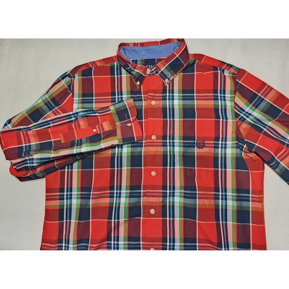 Chaps Mens Red Plaid‎ Easy Care Button Down Shirt Long Sleeve Medium Breathable